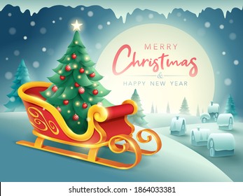 Santa Claus sleigh with Christmas tree and small village on horizontal winter landscape background. 