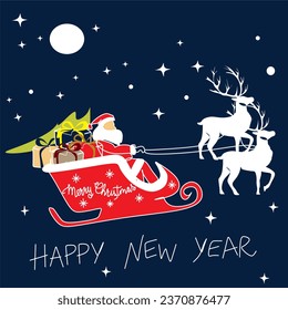 Santa Claus in a sleigh with a deer concept. Line vector illustration.