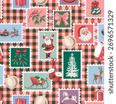 Santa Claus, sleigh, deer, present, rocking horse, ball, Christmas tree, mistletoe, house in frame pattern. Merry Christmas, New Year postage stamp.	