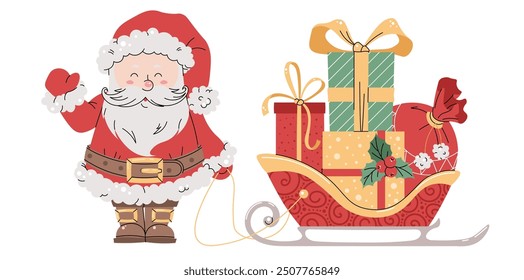 Santa Claus with a sleigh filled with gift boxes on an isolated background. Incl. Christmas illustration for card and sticker design