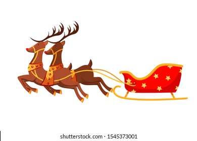 Santa claus sleigh flat vector illustration. Empty magic sledge with harnessed reindeers side view. Christmas presents delivery, traditional xmas fantasy. December holiday, christmastime symbol