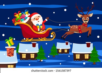 Santa Claus in a sleigh flies with a deer over the houses and throws gift boxes into the chimneys. Christmas