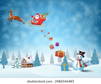 Santa Claus sleigh fly over the forest, house, snowman and throws gifts . Christmas card, invitation, background, design template. vector illustration