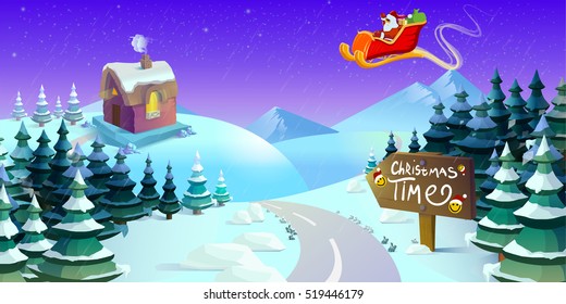 Santa Claus sleigh fly over the forest . Christmas card, invitation, background, design template. vector illustration