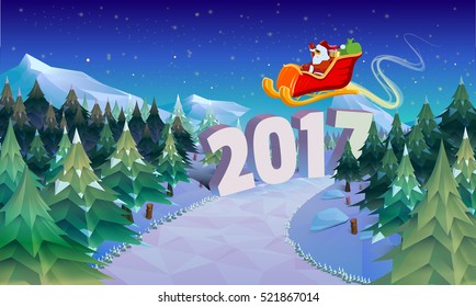 Santa Claus sleigh fly over the forest, house, snowman and throws gifts . Christmas card, invitation, background, design template. vector illustration