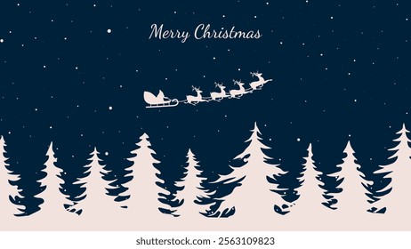 Santa Claus in sleigh flying in night sky over coniferous winter forest