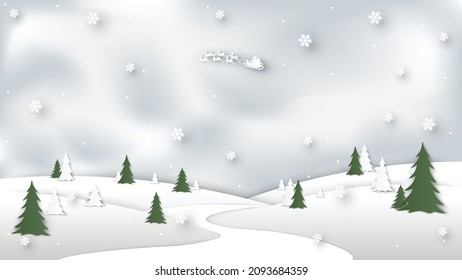 Santa Claus Sleigh flying on the Sky in Christmas. Merry Christmas and Happy New Year. paper art design. vector, illustration.