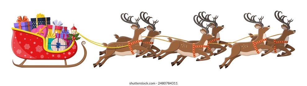 Santa claus sleigh full of gifts and his reindeers. Happy new year decoration. Merry christmas holiday. New year and xmas celebration. Vector illustration in flat style