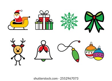 Santa Claus Sleigh, Caixa de presente, Floco de neve, Arco, Rena, Sino, Luz, Conjunto de Natal Baubles Ilustração Vetorial