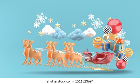 Santa Claus sleigh and gift boxes floating on the sky.
