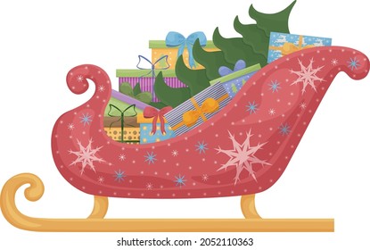 Santa Claus sleigh with gift boxes and a Christmas tree. Santa s bright red sleigh decorated with white and blue snowflakes. Santa Claus Christmas transport. Vector illustration isolated