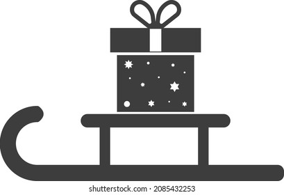 Santa Claus sleigh with a gift. Delivery of Christmas gifts for children. Black flat signboard. Vector image isolated on a white background.
