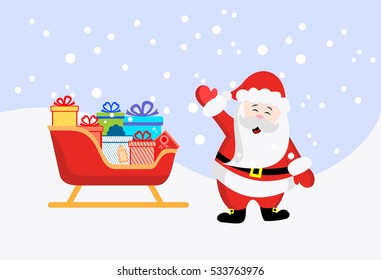 Santa Claus. Sleigh and gifts.