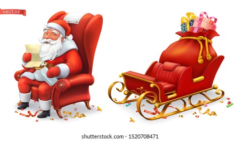 Santa Claus and sleigh with gifts. 3d vector icons