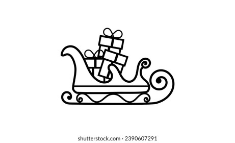 Santa Claus sleigh with gifts, black isolated line icon