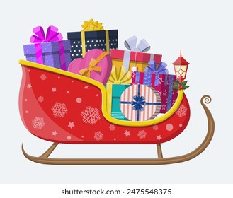 Santa claus sleigh with gifts boxes with bows. Happy new year decoration. Merry christmas holiday. New year and xmas celebration. Vector illustration in flat style