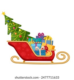 Santa claus sleigh with gifts boxes with bows and christmas tree. Happy new year decoration. Merry christmas holiday. New year and xmas celebration. Vector illustration in flat style