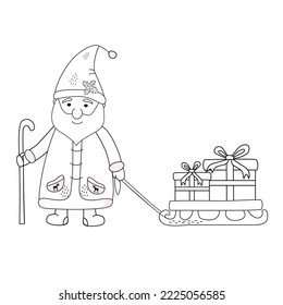 Santa Claus and a sleigh with gifts. Coloring page.