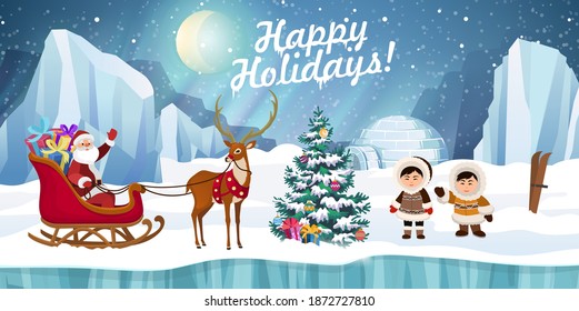 Santa Claus in a sleigh with gifts, deer and arctic people in traditional eskimos costume with Christmas tree. Christmas holidays vector illustration.