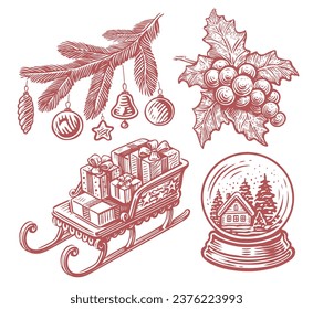 Santa Claus sleigh with gifts. Fir branch with Christmas decorations. Glass ball with snow. Holly vector illustration