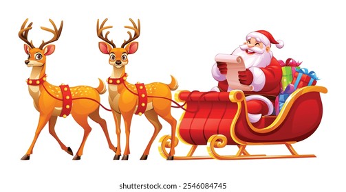 Santa Claus in sleigh with gifts, holding a list, led by two reindeer. Vector cartoon illustration