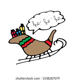 Santa Claus sleigh with gifts. Illustration isolated on white background. Hand drawn holidays icon. Inscription for prints, postcards, posters, socials, banners, stickers and seasonal design.
