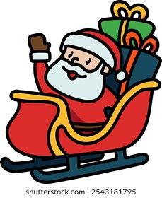 Santa Claus in sleigh with gifts illustration for holiday decor, greeting cards, or festive scenes.