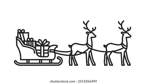 santa claus sleigh with gifts pulled by reindeer in monoline, christmas icon for greeting, suitable for poster and web icon