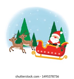Santa Claus in sleigh with gifts and reindeer. 