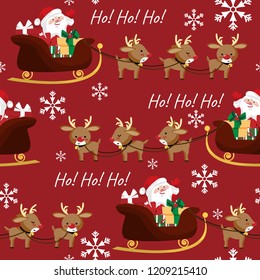 Santa Claus in a sleigh with group of cute reindeer, snowflakes and Ho Ho Ho text seamless pattern on red background. Cute winter holidays cartoon character background. Vector illustration.