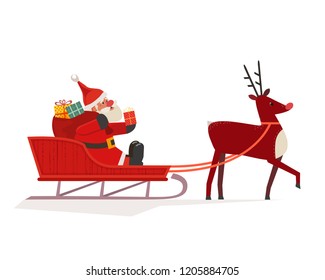 Santa Claus in sleigh icon isolated on white. Cartoon cute Reindeer red nose. Santa and deer deliver gifts on sleigh. Merry Christmas characters. Template for winter season holiday card background