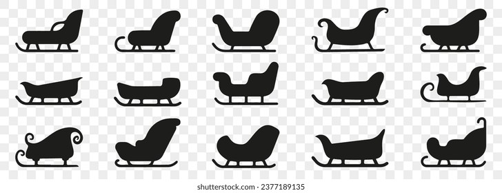 Santa Claus sleigh icons. Black Christmas sleigh silhouette. Winter holiday sleigh icons. Set of black sleigh silhouette