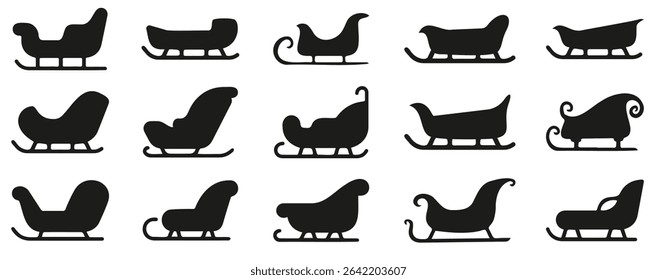 Santa Claus sleigh icons. Black Christmas sleigh silhouette. Winter holiday sleigh icons. Set of black sleigh silhouette