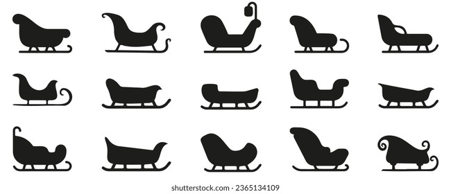 Santa Claus sleigh icons. Christmas sleigh silhouette collection. Sledge of santa claus shapes. Black sleigh silhouettes