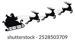 Santa Claus sleigh label monochrome with Saint Nicholas sitting in cart with reindeer flying up on reins vector illustration