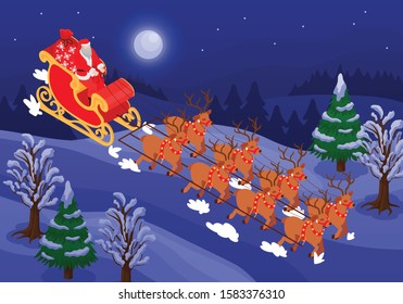 Santa claus in sleigh led by reindeer  isometric classic father christmas new year composition card vector illustration 
