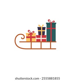 Santa Claus sleigh with lots of gift boxes and presents. Vector illustration cartoon flat style