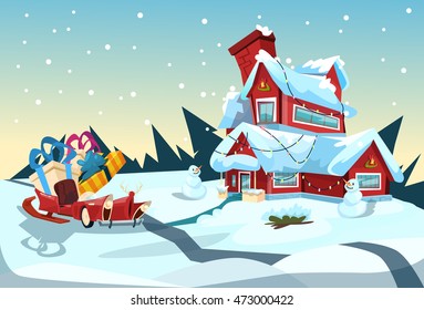 Santa Claus Sleigh Near House Christmas Celebration New Year Greeting Card Flat Vector Illustration