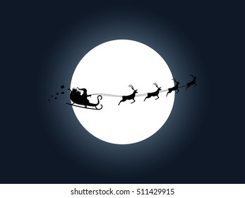 Santa Claus in a sleigh on a background of the moon. Santa's sleigh. Vector illustration.