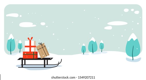 santa claus sleigh with present box merry christmas happy new year holiday celebration concept greeting card winter snowy landscape background horizontal vector illustration