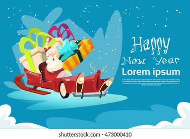 Santa Claus Sleigh With Present Box Christmas Celebration New Year Greeting Card Flat Vector Illustration