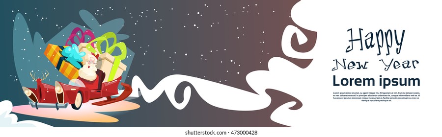 Santa Claus Sleigh With Present Box Christmas Celebration New Year Greeting Card Flat Vector Illustration