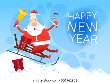 Santa Claus Sleigh Present Box Christmas Holiday Happy New Year Greeting Card Flat Vector Illustration