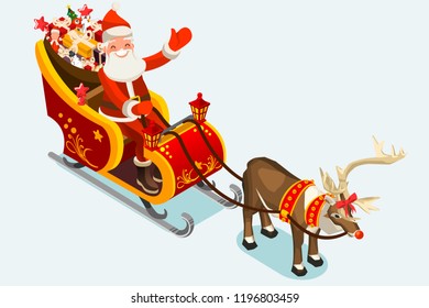 Santa Claus sleigh for present flyer. Merry Christmas background or happy new year card. Isometric people winter flat vector design.