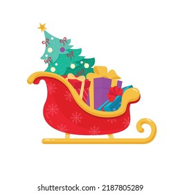 Santa Claus sleigh with presents and Christmas tree on white background. Vector illustration