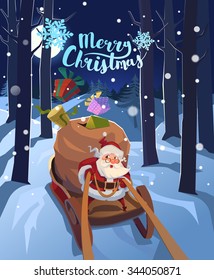 Santa Claus in a sleigh with presents in a hurry for the holiday. Christmas greeting card poster. Vector.