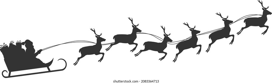 Santa Claus In Sleigh Pulled By Reindeer, Silhouette Vector Illustration