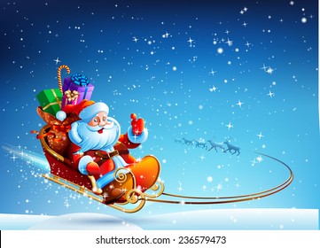 Papá Noel en un trineo tirado por renos que vuelan en el cielo nocturno. Regalos para niños Feliz Año Nuevo. Feliz Navidad 2016.Diseño. Vector. Icono.