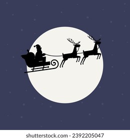 Santa Claus in a sleigh pulled by reindeer on the night sky. Vector illustration with a Christmas motif.