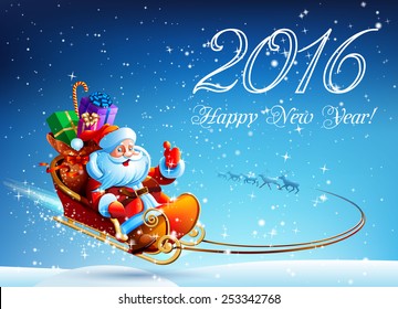 Santa Claus in a sleigh pulled by reindeer flying in the night sky. Gifts for children TOP Happy New Year. Merry Christmas. Design, picture, illustration, image. Vector. Icon.